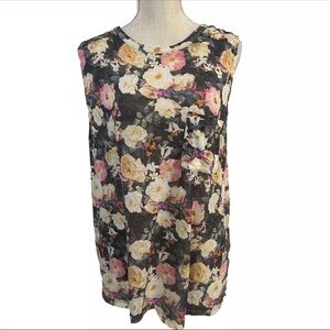 FOREVER 21 Tank 2X Top Gray Floral Rayon Pullover Pocket Lightweight Semi Sheer